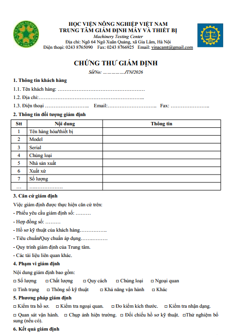 Mẫu chứng thư giám định